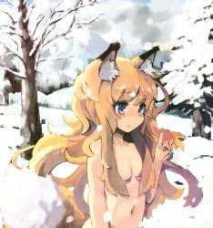Rule 34 | 1girl, animal ears, blonde hair, blue eyes, blush, colored eyelashes, fox ears, fox shadow puppet, fox tail, hand gesture, long hair, navel, nude, original, outdoors, paprika shikiso, snow, solo, tail, tree