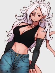 Rule 34 | 1girl, alternate costume, android 21, blue pants, breasts, choker, cleavage, colored skin, denim, dragon ball, dragon ball fighterz, earrings, grey background, hair between eyes, hoop earrings, jeans, jewelry, kemachiku, long hair, majin android 21, medium breasts, midriff, navel, necklace, pants, pink skin, pointy ears, red eyes, simple background, solo, tail, white hair