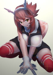 Rule 34 | 1girl, :q, absurdres, bare shoulders, breasts, brown hair, gloves, green eyes, headgear, highres, kantai collection, kujuu shikuro, large breasts, looking at viewer, miniskirt, mutsu (kancolle), red thighhighs, short hair with long locks, simple background, skirt, smile, solo, squatting, thighhighs, tongue, tongue out, white background, white gloves, zettai ryouiki