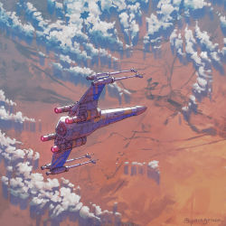 Rule 34 | animification, cloud, flying, highres, landscape, no humans, science fiction, solo, space gooose, spacecraft, star wars, starfighter, t-65 x-wing, thrusters, twitter username, vehicle focus, x-wing