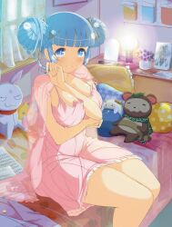 Rule 34 | 1girl, animal, animal ears, aria (senran kagura), arm between breasts, beamed eighth notes, bedroom, between breasts, blue eyes, blue hair, blunt bangs, blush, breasts, bucket, chiyo (senran kagura), cleavage, cosmetics, cow, cow ears, cow horns, curtains, double bun, eighth note, floral print, flower, flower pot, frilled nightgown, frilled pillow, frills, fuga (senran kagura), hair bun, hair ornament, horns, in bucket, in container, indoors, kanon (senran kagura), kosuzu (senran kagura), large breasts, leaf, loaded interior, macaron print, mirror, musical note, musical note-shaped pupils, musical note print, nightgown, ninto (senran kagura), official art, on bed, paper, pencil, photo (object), picture frame, pillow, pink nightgown, plant, polka dot, potted plant, purple flower, quarter note, rabbit, rabbit ears, raccoon, raccoon ears, raccoon tail, red eyes, senran kagura, senran kagura new wave, sheet music, shelf, shiny skin, short hair, shuriken, shuriken hair ornament, sitting, smile, solo, symbol-shaped pupils, tail, weapon, window, windowsill, yaegashi nan
