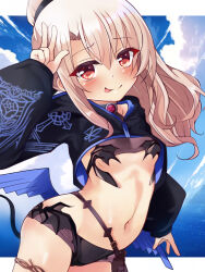 Rule 34 | 1girl, belt, bikini, black bikini, black jacket, blonde hair, blue sky, blush, breasts, cosplay, cropped jacket, dragon wings, fate/grand order, fate/kaleid liner prisma illya, fate (series), hair between eyes, high ponytail, highres, illyasviel von einzbern, jacket, long hair, long sleeves, looking at viewer, melusine (fate), melusine (fate) (cosplay), melusine (swimsuit ruler) (fate), melusine (swimsuit ruler) (first ascension) (fate), mochi (k620803n), navel, red eyes, shrug (clothing), sidelocks, sky, small breasts, smile, solo, swimsuit, tail, thighs, tongue, tongue out, wings
