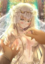 Rule 34 | 1girl, alternate costume, backlighting, bare shoulders, blonde hair, blush, breasts, bridal veil, bride, church, circlet, closed mouth, dress, embarrassed, eyebrows, fate/grand order, fate (series), flower, formal, frills, glint, gloves, hair between eyes, hair flower, hair ornament, halterneck, hatori mia, highres, holding, indoors, jeanne d&#039;arc (fate), jeanne d&#039;arc (ruler) (fate), jeanne d&#039;arc alter (avenger) (fate), jeanne d&#039;arc alter (fate), jewelry, lace, large breasts, lens flare, light particles, lily (flower), long hair, looking at viewer, out of frame, outstretched arm, pout, pov, pov hands, ring, ruler (fate/grand order), see-through, sideboob, solo focus, stained glass, upper body, veil, wedding, wedding band, wedding dress, white dress, white flower, yellow eyes