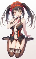 Rule 34 | 1girl, black hair, blush, bow, bow panties, breasts, clock eyes, date a live, finger to mouth, full body, garter belt, hairband, hand up, heterochromia, highres, index finger raised, lace, lace-trimmed legwear, lace trim, lingerie, long hair, looking at viewer, medium breasts, navel, neck garter, panties, parted lips, red eyes, sauvignon, shoes, shushing, simple background, sitting, solo, stomach, symbol-shaped pupils, thighhighs, thighs, tokisaki kurumi, twintails, underwear, wariza, white background, yellow eyes