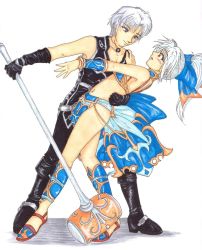 Rule 34 | 1boy, 1girl, blush, bow, dancing, game console, gloves, hammer, hetero, hug, leather, lloyd, meru (dragoon), ponytail, red eyes, ribbon, silver hair, smile, the legend of dragoon, wingly, wristband