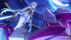 Rule 34 | 1girl, aged up, bare shoulders, blue lightsaber, chinese commentary, earrings, energy sword, griseo, griseo (cosmic expression), highres, holding, holding lightsaber, holding weapon, honkai (series), honkai impact 3rd, indoors, jewelry, lightsaber, logo, long hair, looking down, official art, official wallpaper, purple eyes, standing, sword, twintails, very long hair, weapon
