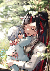 Rule 34 | 2boys, against tree, ahoge, baby, bib, black hair, black nails, blue eyes, blunt bangs, blunt ends, brown vest, closed eyes, fangs, field, flower, flower field, frilled sleeves, frills, furrowed brow, grass, grey hair, hair horns, hand on another&#039;s face, high collar, highres, holding baby, lilia vanrouge, long hair, long sleeves, looking at another, male focus, multicolored hair, multiple boys, onesie, open mouth, outdoors, pacifier, pajamas, pointy ears, ponytail, red hair, short hair, sidelocks, silver (twisted wonderland), sitting, streaked hair, sweat, tobidayooon, tree, twisted wonderland, vest