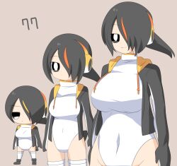 Rule 34 | 1girl, black eyes, black footwear, black hair, black jacket, boots, breasts, bright pupils, chibi, closed mouth, commentary request, covered navel, cowboy shot, emperor penguin (kemono friends), expressionless, full body, grey background, hair between eyes, hair over one eye, headphones, highres, jacket, kemono friends, large breasts, lets0020, long bangs, looking at viewer, multicolored hair, numbered, one-piece swimsuit, open clothes, open jacket, orange hair, short hair, smile, streaked hair, swimsuit, thighhighs, variations, white one-piece swimsuit, white pupils, white thighhighs