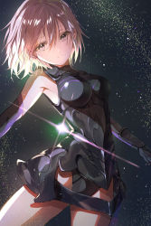 Rule 34 | 1girl, absurdres, arm guards, armor, armored dress, armpits, bare shoulders, black armor, black gloves, black panties, breasts, closed mouth, fate/grand order, fate (series), from side, gloves, grey eyes, hair between eyes, hair strand, heom, highres, looking at viewer, looking to the side, mash kyrielight, medium breasts, messy hair, outstretched arms, panties, purple hair, short hair, sidelocks, sleeveless, smile, solo, spread arms, standing, thighs, underwear