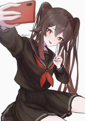 Rule 34 | 1girl, blush, brown hair, flat chest, flower-shaped pupils, genshin impact, highres, holding, holding phone, hu tao (genshin impact), kochi 4, long hair, phone, red eyes, school uniform, selfie, symbol-shaped pupils, tongue, tongue out, twitter username, v, white background