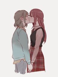 Rule 34 | 2girls, black vest, blue sweater, blush, closed eyes, collared shirt, commentary request, cowboy shot, cropped legs, french kiss, grey background, grey hair, grey pants, highres, holding hands, kiss, korean commentary, long hair, long sleeves, looking at another, love live!, love live! sunshine!!, medium hair, multiple girls, pants, pink shirt, pito (sh02327), plaid, plaid shirt, plaid skirt, red hair, red skirt, sakurauchi riko, shirt, simple background, skirt, sweater, vest, watanabe you, yuri