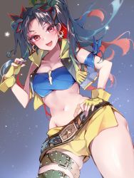Rule 34 | 1girl, absurdres, belt, black belt, cropped vest, fate/grand order, fate (series), gloves, highres, ishtar (fate), kanola u, navel, red eyes, shorts, space ishtar (fate), space ishtar (second ascension) (fate), thigh strap, two side up, vest, yellow gloves, yellow shorts, yellow vest