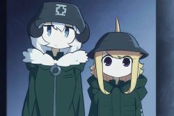 Rule 34 | 2girls, blonde hair, blue eyes, chito (shoujo shuumatsu ryokou), chito (shoujo shuumatsu ryokou) (cosplay), closed mouth, coat, cosplay, d-floe, expressionless, fins, green coat, head fins, long hair, looking at viewer, multiple girls, original, purple eyes, shark girl, short hair, shoujo shuumatsu ryokou, smile, yuuri (shoujo shuumatsu ryokou), yuuri (shoujo shuumatsu ryokou) (cosplay)