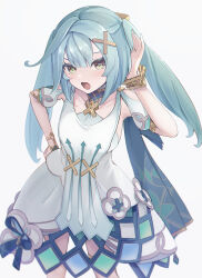 Rule 34 | 1girl, aqua hair, breasts, clothing cutout, commentary request, dress, faruzan (genshin impact), genshin impact, green eyes, hair ornament, hand on own hip, hand up, highres, long hair, looking at viewer, medium breasts, open mouth, shoulder cutout, simple background, sleeveless, sleeveless dress, solo, standing, symbol-shaped pupils, triangle-shaped pupils, twintails, ura (hamburg oniku), white background, white dress, x hair ornament