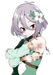 Rule 34 | 1girl, absurdres, armpit sweat, armpits, bare shoulders, detached sleeves, flower, grey hair, hair between eyes, hair flower, hair ornament, highres, kobo (cobo 0609), kokkoro (princess connect!), open mouth, pointy ears, princess connect!, purple eyes, short hair, simple background, solo, sponge, sweat, white background