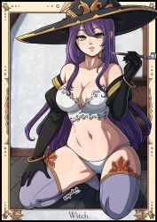 Rule 34 | 1girl, bare shoulders, bracelet, breasts, cleavage, elbow gloves, gloves, goblin slayer!, gold bracelet, hat, highres, jewelry, kinkymation, large breasts, long hair, navel, parted lips, purple hair, thighhighs, witch (goblin slayer!), witch hat, yellow eyes