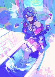 Rule 34 | 1girl, bare shoulders, bathtub, black gloves, black jacket, braid, breasts, camisole, cleavage, closed mouth, fingerless gloves, fingernails, fish, flying fish, garter straps, gloves, grey hair, hair ornament, hairclip, highres, hololive, jacket, long hair, looking at viewer, medium breasts, nail polish, open clothes, open jacket, pink eyes, red nails, red skirt, sakamata chloe, sion001250, skirt, smile, solo, thighhighs, torn clothes, torn thighhighs, virtual youtuber, x hair ornament