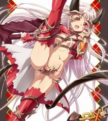 Rule 34 | 1girl, aldra (queen&#039;s blade), aldra (queen's blade), arai nobu, armor, belt bra, breasts, cape, crotch weapon, delmore, eyepatch, high kick, horns, kicking, long hair, midriff, navel, open mouth, queen&#039;s blade, queen aldra, red eyes, red thighhighs, revealing clothes, solo, split, standing, standing on one leg, sword, thighhighs, very long hair, weapon, white hair