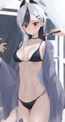 Rule 34 | 1girl, 2others, absurdres, bikini, black bikini, black choker, black hair, blue archive, blush, breasts, choker, curtains, ear piercing, eyelashes, hair between eyes, hair ornament, hairclip, halo, highres, horns, japanese clothes, kayoko (blue archive), kayoko (new year) (blue archive), kimono, long hair, long sleeves, makeup, makeup brush, medium breasts, mole, mole on neck, multicolored hair, multiple others, nail polish, open clothes, open kimono, piercing, red eyes, renge (730), solo, sweat, swimsuit, white hair, wide sleeves