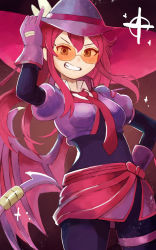 Rule 34 | 1girl, bodysuit, collared shirt, cropped jacket, demon tail, demon wings, duel monster, evil twin ki-sikil, gloves, hat, highres, ishii (young-moon), ki-sikil (yu-gi-oh!), long hair, necktie, orange-tinted eyewear, pink hair, pinky out, puffy short sleeves, puffy sleeves, shirt, short sleeves, skirt, smile, solo, sparkle, sun hat, sunglasses, tail, teeth, thigh strap, tinted eyewear, wings, yu-gi-oh!