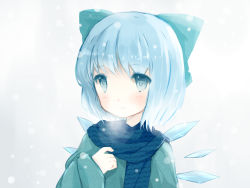 Rule 34 | 1girl, alternate costume, blue eyes, blue hair, bow, cirno, coat, hair bow, hair ornament, hair ribbon, ice, ice wings, looking at viewer, matching hair/eyes, parted lips, reeh (yukuri130), ribbon, scarf, short hair, simple background, solo, touhou, white background, wings