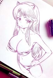 Rule 34 | 1girl, animal print, bikini, breasts, closed mouth, commentary request, corrupted twitter file, hand on own hip, highres, horns, large breasts, long hair, lum, monochrome, navel, pen, solo, swimsuit, tiger print, traditional media, tsukareta san, urusei yatsura