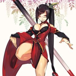 Rule 34 | 1girl, bare shoulders, black-framed eyewear, black hair, blazblue, bra, breasts, china dress, chinese clothes, cleavage, cowboy shot, dress, fighting stance, glasses, hair ornament, hyakuhachi (over3), lao jiu, large breasts, leg up, litchi faye ling, long hair, long sleeves, looking at viewer, plant, polearm, ponytail, red eyes, semi-rimless eyewear, smile, solo, staff, standing on one leg, thighs, under-rim eyewear, underwear, very long hair, vines, weapon