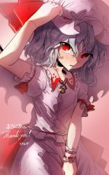 Rule 34 | 1girl, blush, commission, frills, hand on headwear, hat, highres, ichirugi, looking up, mob cap, open mouth, purple hair, red eyes, remilia scarlet, short hair, short sleeves, skeb commission, solo, sweat, sweaty clothes, touhou, wrist cuffs