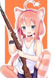 Rule 34 | 1girl, ahoge, animal ear fluff, animal ears, asymmetrical legwear, bike shorts, blue eyes, bolt action, cat ears, choker, fang, gun, highres, hinata channel, long hair, low twintails, mauser 98, mismatched legwear, nagomi yayado, nekomiya hinata, open mouth, orange background, pink hair, pink thighhighs, rifle, shorts, simple background, sitting, smile, solo, spread legs, striped clothes, striped thighhighs, thighhighs, twintails, vest, virtual youtuber, weapon, white vest
