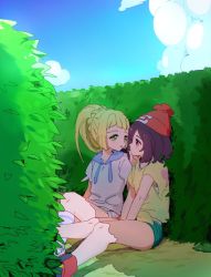 Rule 34 | 2girls, ankea (a-ramo-do), blonde hair, blue sky, blush, brown eyes, brown hair, cloud, creatures (company), day, game freak, green eyes, green shorts, hand on another&#039;s face, hat, hedge, hood, hoodie, lillie (pokemon), looking at another, multiple girls, nintendo, open mouth, pokemon, pokemon sm, ponytail, red hat, selene (pokemon), shirt, short sleeves, shorts, sitting, skirt, sky, white skirt, yellow shirt, yuri