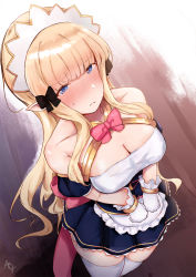 Rule 34 | 1girl, blue eyes, blush, breasts, elf, hemachi, highres, large breasts, long hair, maid, pointy ears, ponytail, princess connect!, saren (princess connect!), white legwear
