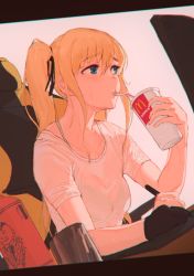 Rule 34 | 1girl, bendy straw, black gloves, black ribbon, blonde hair, blue eyes, blush, bra strap, breasts, bypos, chromatic aberration, collarbone, commentary request, cup, disposable cup, drawing tablet, drinking, drinking straw, dutch angle, eyeshadow, gloves, hair ribbon, highres, holding, holding cup, hot, long hair, makeup, mcdonald&#039;s, medium breasts, monitor, original, ribbon, see-through, shirt, short sleeves, side ponytail, sidelocks, single glove, sitting, solo, stylus, sweat, table, upper body, wet, wet clothes, white shirt