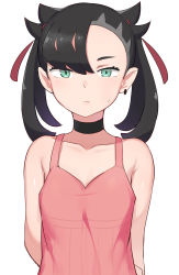 Rule 34 | 1girl, abmayo, asymmetrical bangs, bare shoulders, black choker, breasts, choker, closed mouth, collarbone, creatures (company), dress, earrings, female focus, game freak, green eyes, hair ribbon, highres, jewelry, looking at viewer, marnie (pokemon), medium hair, nintendo, pink dress, pokemon, pokemon swsh, red ribbon, ribbon, shiny skin, simple background, small breasts, solo, twintails, white background