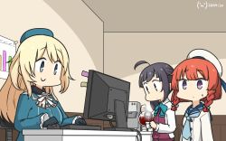 Rule 34 | 3girls, ahoge, atago (kancolle), beret, black gloves, blonde hair, blue eyes, blue headwear, blue neckwear, blue ribbon, blue sailor collar, bob cut, braid, breasts, closed mouth, coffee, coffee maker, commentary request, cup, dated, desk, disposable cup, etorofu (kancolle), from side, furrowed brow, gloves, gradient hair, hair ribbon, hamu koutarou, hat, hayanami (kancolle), highres, holding, holding cup, indoors, kantai collection, large breasts, long hair, long sleeves, looking at another, looking down, military, military uniform, multicolored hair, multiple girls, one-hour drawing challenge, ponytail, purple hair, red hair, ribbon, sailor collar, sailor hat, school uniform, short hair, side braid, sidelocks, signature, steam, table, thick eyebrows, twin braids, uniform, white headwear, white ribbon, yellow eyes
