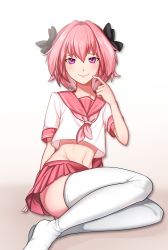 Rule 34 | 1boy, absurdres, astolfo (fate), astolfo (sailor paladin) (fate), bad id, bad pixiv id, braid, fang, fate/apocrypha, fate (series), hair between eyes, hair intakes, highres, long hair, looking at viewer, male focus, navel, official alternate costume, pink hair, pink skirt, purple eyes, shirt, short sleeves, single braid, sitting, skirt, smile, solo, thighhighs, trap, white shirt, white thighhighs, yugo (yuno65)