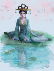Rule 34 | 1girl, artist name, black hair, breasts, chang&#039;e (smite), chinese clothes, cleavage, comb, crown, dated, earrings, flower, grass, green eyes, hair bun, hair rings, highres, jewelry, lily pad, petals, reflection, sciamano240, sitting, smite, solo, water, watermark, web address