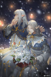 Rule 34 | 1boy, 1girl, blue bow, blue capelet, blush, bow, box, capelet, christmas, commentary, dated, dress, elezen, elf, estinien, estinien varlineau, final fantasy, final fantasy xiv, flower, grey eyes, hand on own face, hands up, hetero, highres, holding, holding box, hover hand, lily (flower), long hair, moogle, pointy ears, shuangbatian, sidelocks, signature, silver hair, snow, snowing, white dress, winter, ysayle dangoulain