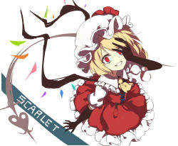 Rule 34 | 1girl, adapted costume, ascot, black gloves, blonde hair, character name, covering one eye, crazy, dress, elbow gloves, flandre scarlet, frilled dress, frills, from above, gloves, grin, hand on own face, hat, highres, laevatein, looking at viewer, mob cap, neetsr, parted lips, puffy short sleeves, puffy sleeves, red dress, red eyes, short sleeves, side ponytail, smile, solo, touhou, white background, white hat, wings, yellow ascot