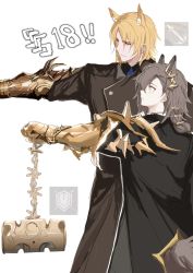 Rule 34 | 1boy, 1girl, animal ears, arknights, black coat, blonde hair, blush, brown hair, chinese text, closed mouth, clothing cutout, coat, extra ears, gauntlets, hammer, highres, holding, holding hammer, holding weapon, horse ears, mlynar (arknights), orange eyes, outstretched arm, penance (arknights), short hair, single gauntlet, tail, tail through clothes, weapon, wolf ears, wolf girl, wolf tail, yellow eyes, zuo daoxing