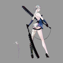 Rule 34 | 1girl, arched back, ass, back, backless outfit, bandages, braid, dual wielding, elbow gloves, flower, full body, gloves, high heels, holding, kaine (nier), lily (flower), lingerie, naoki (naifuku jelly), negligee, nier, nier (series), panties, shoes, silver hair, simple background, solo, sword, underwear, weapon, white panties