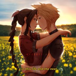Rule 34 | 1boy, 1girl, aerith gainsborough, aqua eyes, armor, arms around neck, artist name, bandaged arm, bandages, blonde hair, breasts, brown hair, choker, cloud strife, couple, cropped jacket, dress, english text, field, final fantasy, final fantasy vii, flower, flower field, forehead-to-forehead, from side, green eyes, hair ribbon, heads together, hetero, highres, jacket, long hair, looking at another, mageofspace, medium breasts, nature, outdoors, parted bangs, pink dress, pink ribbon, profile, red jacket, ribbon, ribbon choker, short hair, short sleeves, shoulder armor, sidelocks, sleeveless, sleeveless turtleneck, smile, spiked hair, square enix, subtitled, turtleneck, upper body, wavy hair, yellow flower