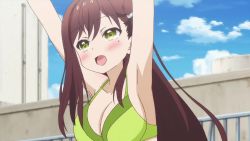 Rule 34 | 10s, 1girl, animated, animated gif, armpits, arms up, bikini, blush, bouncing breasts, breasts, brown hair, cleavage, cloud, female focus, gakkou gurashi!, green eyes, large breasts, long hair, mole, mole under eye, open mouth, outdoors, sky, smile, solo, swimsuit, upper body, wakasa yuuri