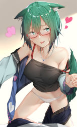 Rule 34 | 1girl, animal ear fluff, animal ears, bare shoulders, belt, black shirt, blouse, breasts, brown belt, cat ears, cat tail, cleavage, collarbone, commentary request, denim, denim shorts, fox ears, fox tail, glasses, green eyes, green hair, heart, highres, jewelry, large breasts, looking at viewer, necklace, off shoulder, pallad, panties, semi-rimless eyewear, shirt, short hair, short shorts, shorts, sleeveless, sleeveless shirt, smile, solo, tail, thighs, tongue, tongue out, under-rim eyewear, underwear, vrchat, white panties, yuyake hino