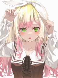 Rule 34 | 1girl, alternate costume, arms up, blonde hair, blush, bow, bow hairband, brown shirt, embarrassed, gradient hair, green eyes, hair bow, hairband, highres, hololive, long hair, long sleeves, looking at viewer, momosuzu nene, multicolored hair, norio (noriosub), pink hair, sailor collar, shirt, solo, upper body, virtual youtuber, white bow, white hairband, white sailor collar, yukihana lamy, yukihana lamy (casual)