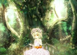 Rule 34 | 1girl, alternate color, alternate costume, alternate eye color, bad id, bad pixiv id, blonde hair, bow, bush, day, dress, expressionless, finger to cheek, flandre scarlet, flower, flower request, flower wreath, glowing, grass, hand up, highres, nature, petals, rinne (kouheiramia), short hair, side ponytail, sleeveless, sleeveless dress, solo, sundress, sunlight, touhou, tree, white dress, wings, yellow eyes