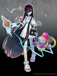Rule 34 | 1girl, absurdres, artist name, bag, black bag, black hair, blue eyes, blush stickers, clothes writing, colored sclera, commentary, creatures (company), crossover, deviantart username, dress, electricity, english commentary, eyes visible through hair, full body, game freak, gen 4 pokemon, gen 6 pokemon, gradient background, green eyes, hair over one eye, handbag, highres, holding, holding jewelry, holding ring, hoopa, hoopa (confined), jewelry, legendary pokemon, long hair, looking at viewer, mythical pokemon, nintendo, one eye closed, pokemon, pokemon (creature), red eyes, red nails, ring, rotom, rotom (normal), sandals, see-through, see-through sleeves, sidelocks, signature, smile, the ring, very long hair, vikthor01, white dress, white footwear, yamamura sadako, yellow sclera