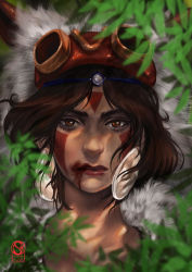 Rule 34 | 1girl, brown eyes, brown hair, closed mouth, commentary, earrings, english commentary, facepaint, facial mark, fur, headband, jewelry, lipstick, looking at viewer, makeup, mask, mononoke hime, red lips, san (mononoke hime), short hair, solo