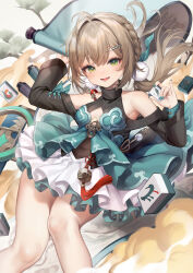 Rule 34 | 1girl, absurdres, ahoge, aqua nails, bare shoulders, blush, braid, brown hair, chinese commentary, cleavage cutout, clothing cutout, covered navel, dress, fangs, feet out of frame, frilled dress, frills, green eyes, hair ornament, hairclip, halterneck, highres, honkai: star rail, honkai (series), long hair, looking at viewer, low twintails, mahjong, mahjong tile, mixed-language commentary, nail polish, parted lips, qingque (honkai: star rail), red tassel, shoulder cutout, side braid, sidelocks, solo, taitai, twintails
