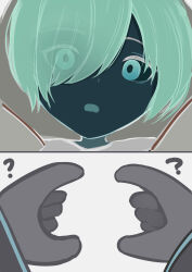 Rule 34 | 1boy, 1girl, 2koma, ?, absurdres, arknights, comic, commentary, english commentary, exusiai (arknights), hair over eyes, highres, negative space, pov, short hair, silent comic, snoot challenge, time stop, wawamachi (wawamachis)