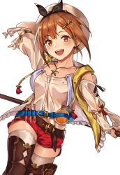 Rule 34 | 1girl, atelier (series), atelier ryza, atelier ryza 1, belt, blush, breasts, brown eyes, brown hair, flask, gloves, hair ornament, hairclip, hat, highres, jewelry, kamu (kamuuei), looking at viewer, necklace, open mouth, red shorts, reisalin stout, round-bottom flask, short shorts, shorts, simple background, smile, solo, star (symbol), thighhighs, thighs